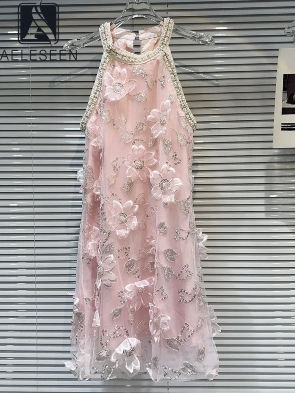 Pink Floral Dress: Sleeveless Mini with Pearls, Beading, Appliques