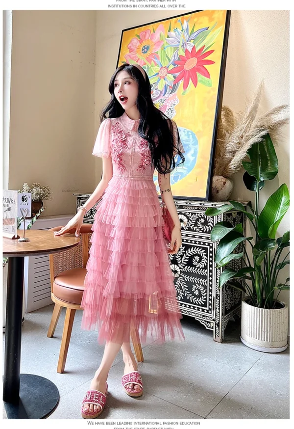 Pink floral dress with ruched lace, glitter, and flower appliques - Image 2