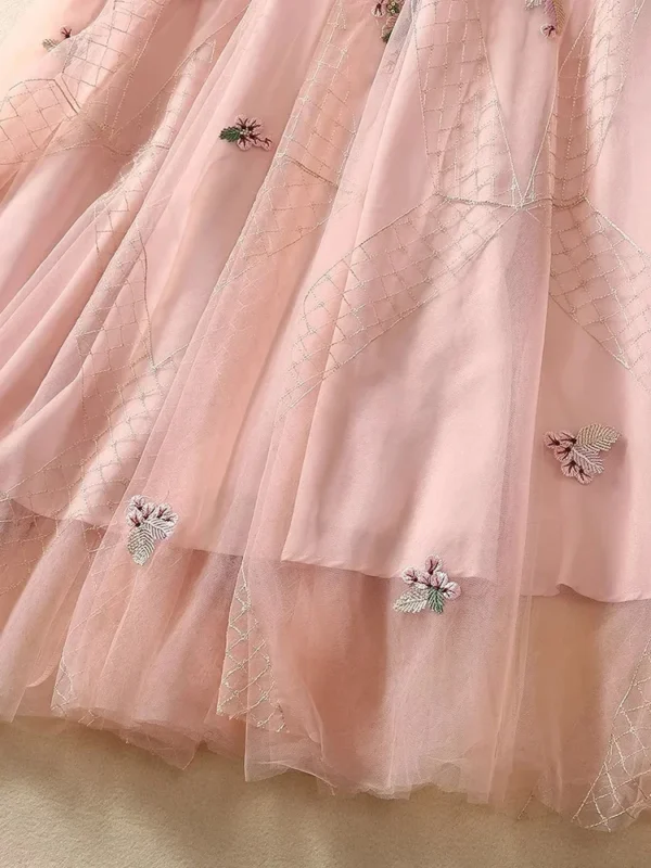 Pink Floral Dress: Luxury Embroidered Lantern Sleeve Party Gown - Image 6