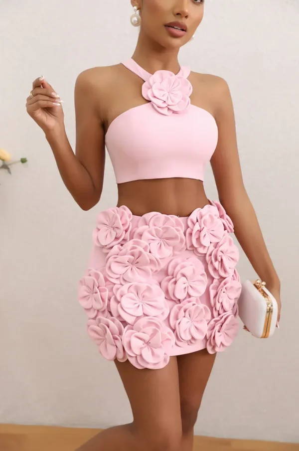 Pink floral dress, sexy halter off-shoulder bodycon mini for parties - Image 3