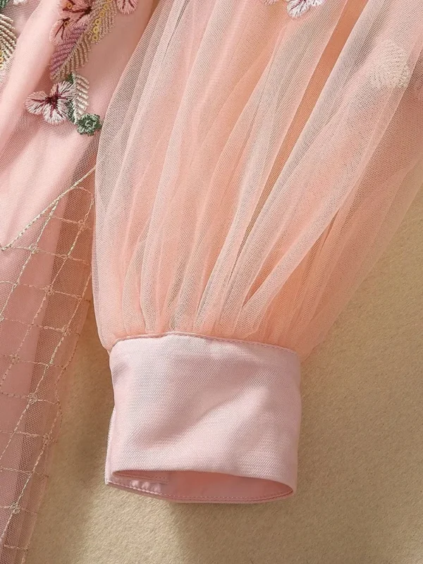 Pink Floral Dress: Luxury Embroidered Lantern Sleeve Party Gown - Image 5