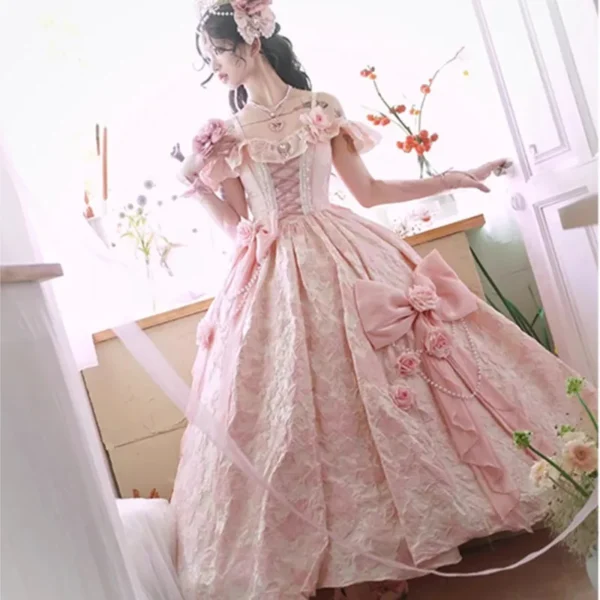 Gorgeous pink floral dress for wedding, floor-length and elegant.