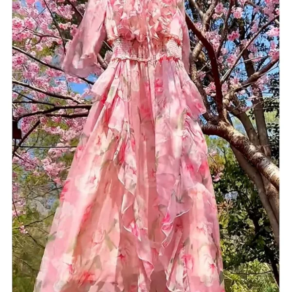 Pink Floral Dress: Sweet Seaside Holiday Chiffon Bottoming Dress