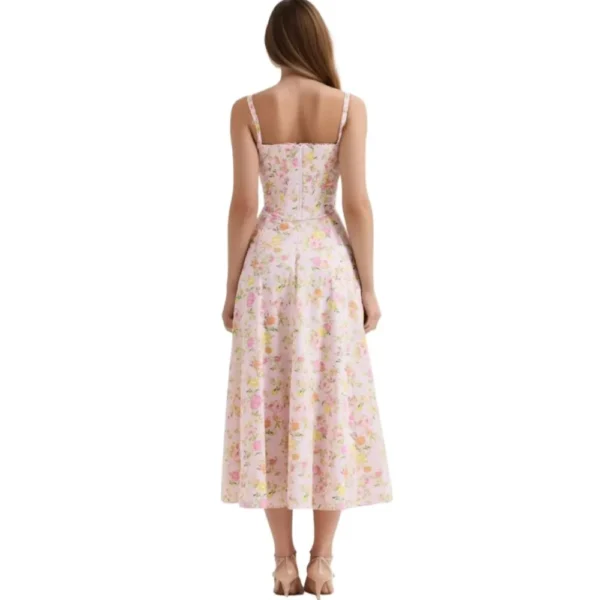 Pink floral dress with cross bandage lacing and slit hem - Image 2