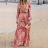 Pink floral dress with deep V-neck, long sleeve, and sexy fit - Image 2