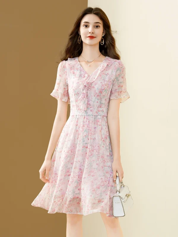 Pink floral dress, elegant chiffon, V-neck A-line party dress - Image 4