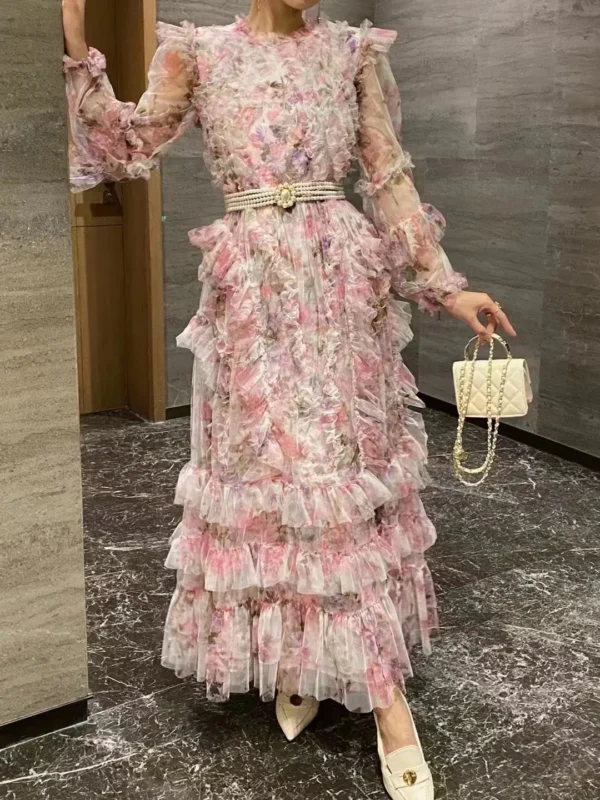 Pink floral dress, long sleeve, mesh tulle, summer midi
