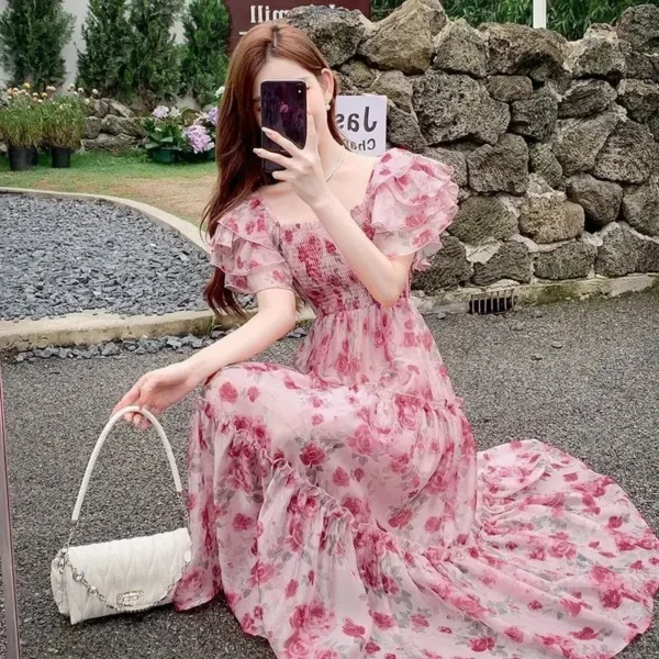 Pink floral dress: Elegant Boho chiffon beach casual prom bodycon - Image 2