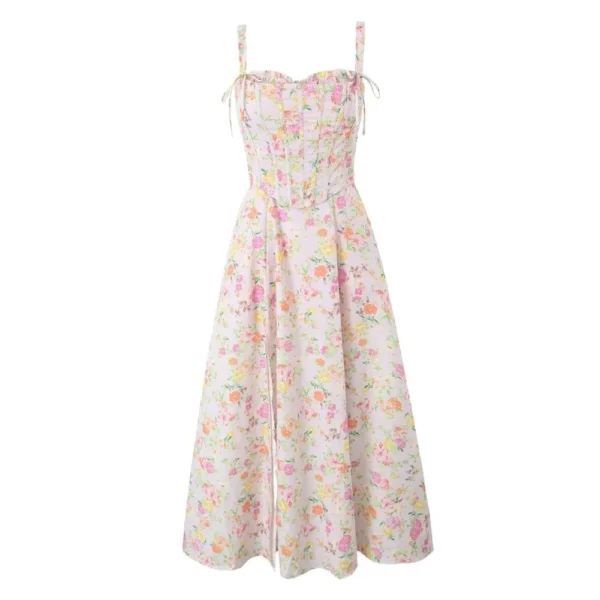 Pink floral dress with cross bandage lacing and slit hem - Image 4