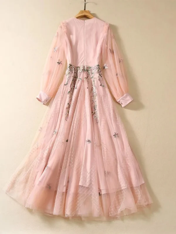 Pink Floral Dress: Luxury Embroidered Lantern Sleeve Party Gown - Image 2