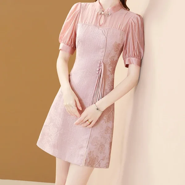 Pink floral dress with puff sleeves, A-line, and drawstring waist - Image 3