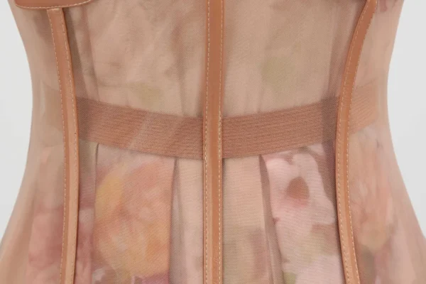 Pink floral dress with long puff sleeves and fishbone waist seal - Image 4