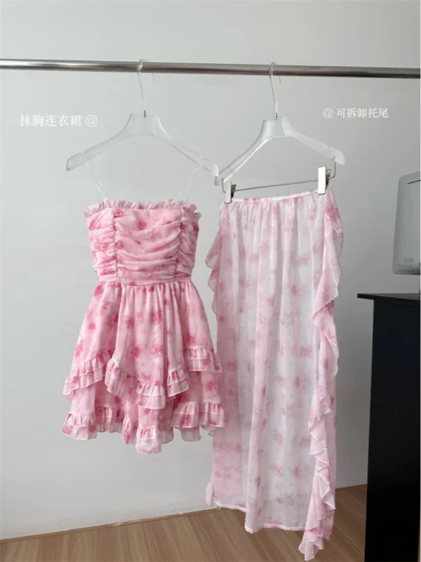 Pink floral dress, sleeveless, off-shoulder, vintage A-line mini frock - Image 2