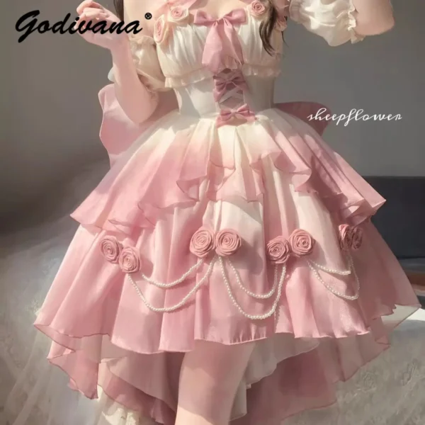 Pink floral dress with pearl beading, off-shoulder, puff sleeves - Image 6