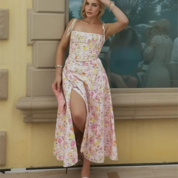 Pink floral dress with cross bandage lacing and slit hem - Image 3