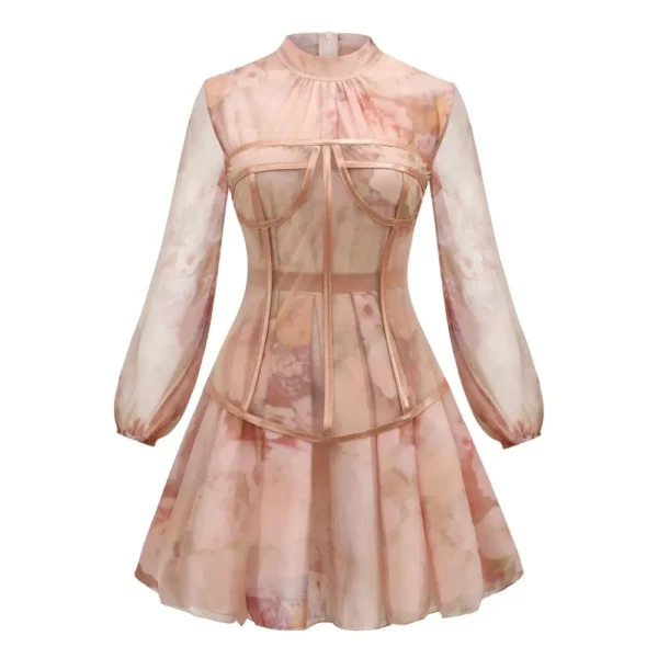 Pink floral dress with long puff sleeves and fishbone waist seal - Image 2
