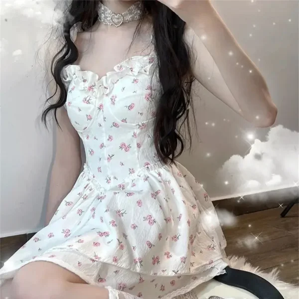 Pink floral dress, vintage sleeveless, elegant mini dress with straps - Image 5