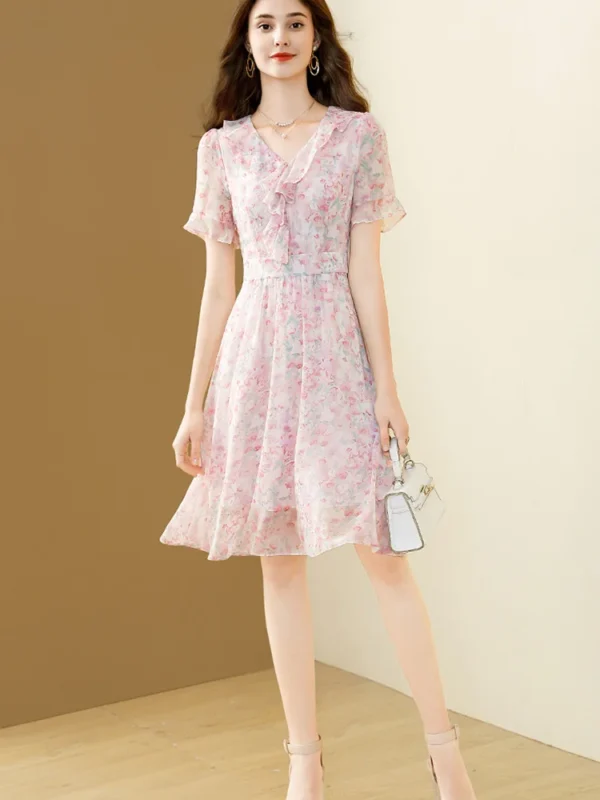 Pink floral dress, elegant chiffon, V-neck A-line party dress - Image 5