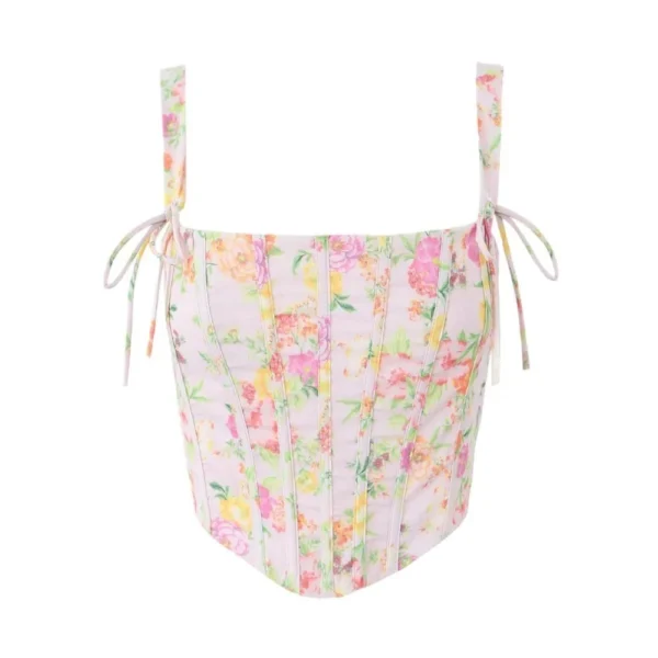 Pink floral dress with cross bandage lacing and slit hem - Image 5