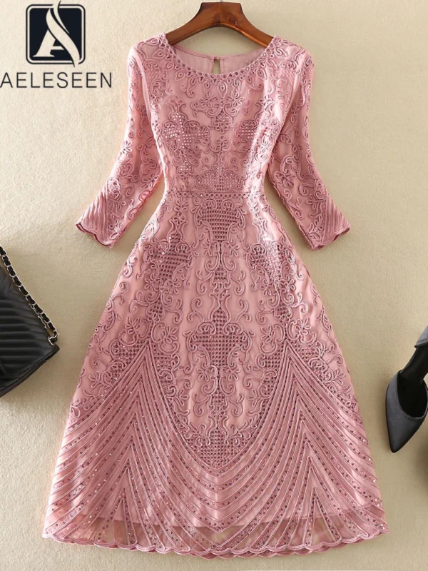 Pink floral dress with 3D gray flower embroidery and sequins