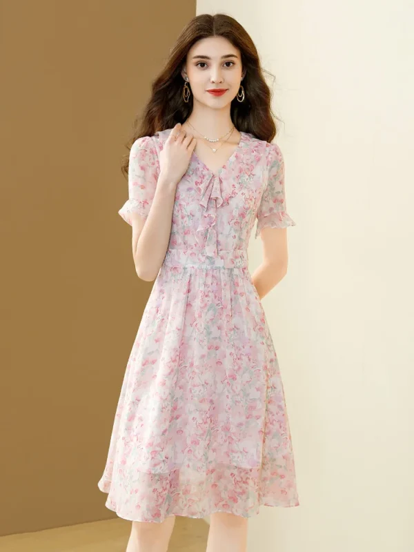 Pink floral dress, elegant chiffon, V-neck A-line party dress - Image 2