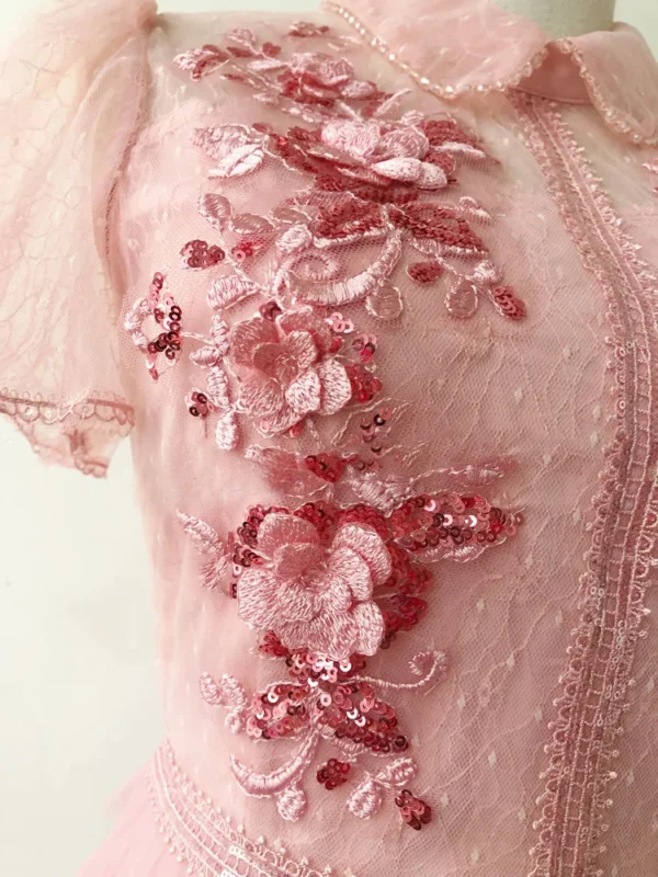 Pink floral dress with ruched lace, glitter, and flower appliques - Image 5
