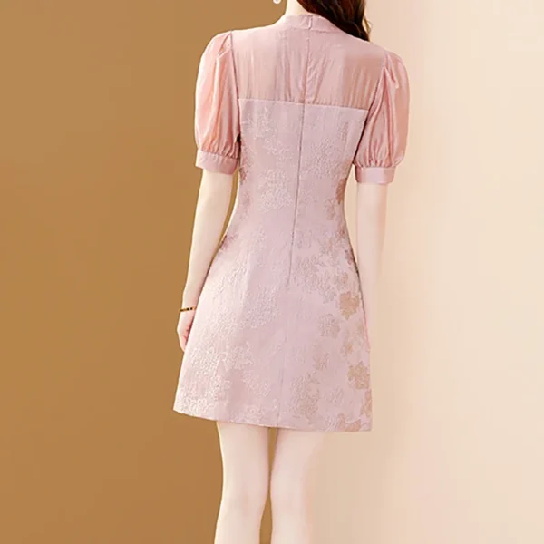 Pink floral dress with puff sleeves, A-line, and drawstring waist - Image 5