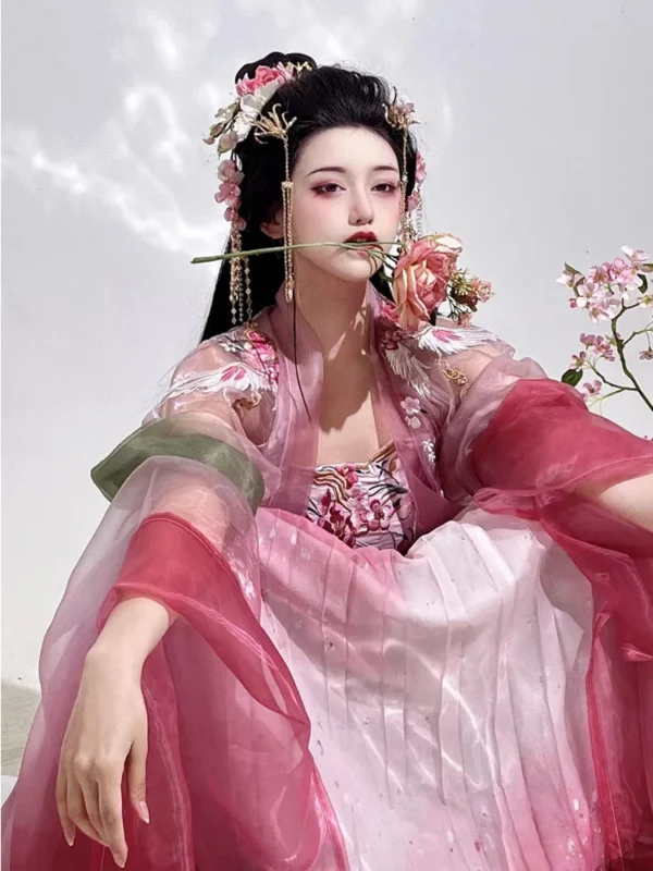 Pink floral dress, red Kezi skirt, big sleeves, Tang Dynasty costume. - Image 3
