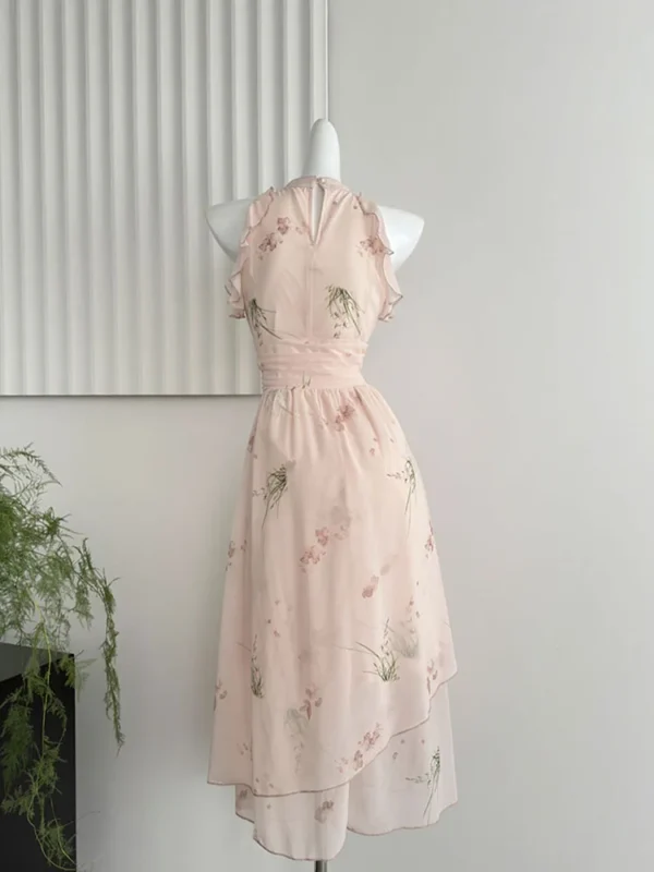 Elegant pink floral dress, sleeveless, ruffle, summer aesthetic, one-piece - Image 2