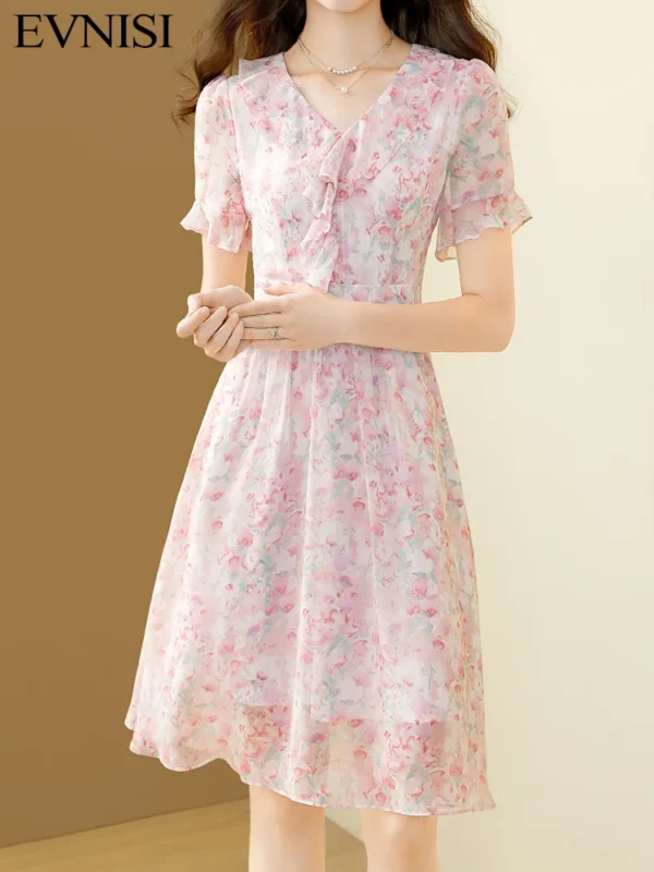 Pink floral dress, elegant chiffon, V-neck A-line party dress