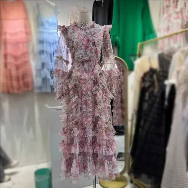Pink floral dress, long sleeve, mesh tulle, summer midi - Image 4