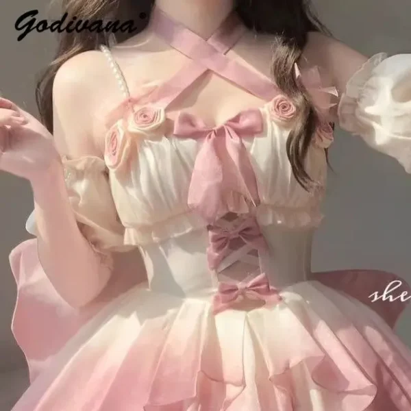 Pink floral dress with pearl beading, off-shoulder, puff sleeves - Image 5