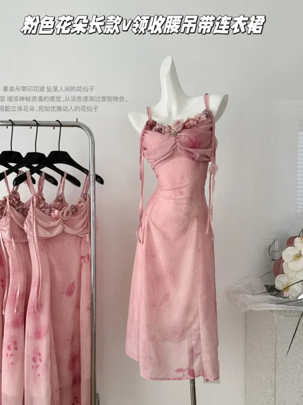 Pink floral dress with 3D flowers, slim fit, spaghetti straps