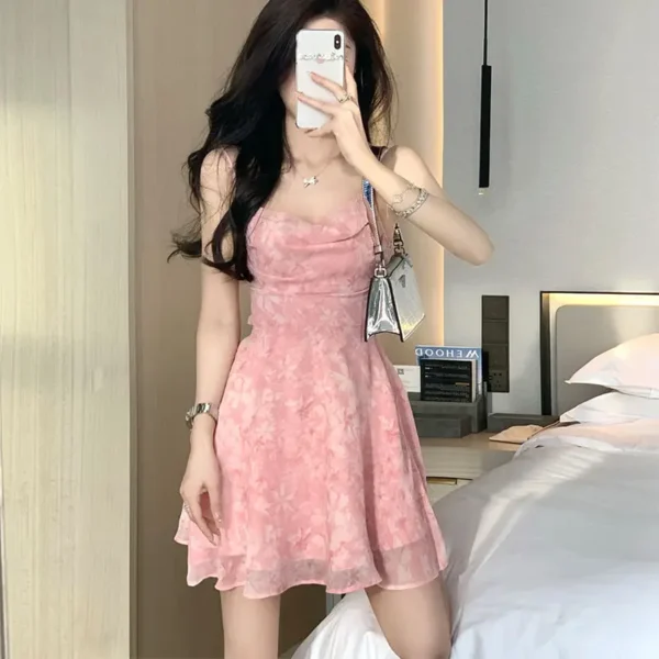 Pink floral dress, slim fit, high waist, summer party mini - Image 2