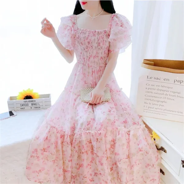 Pink floral dress: Elegant Boho chiffon beach casual prom bodycon