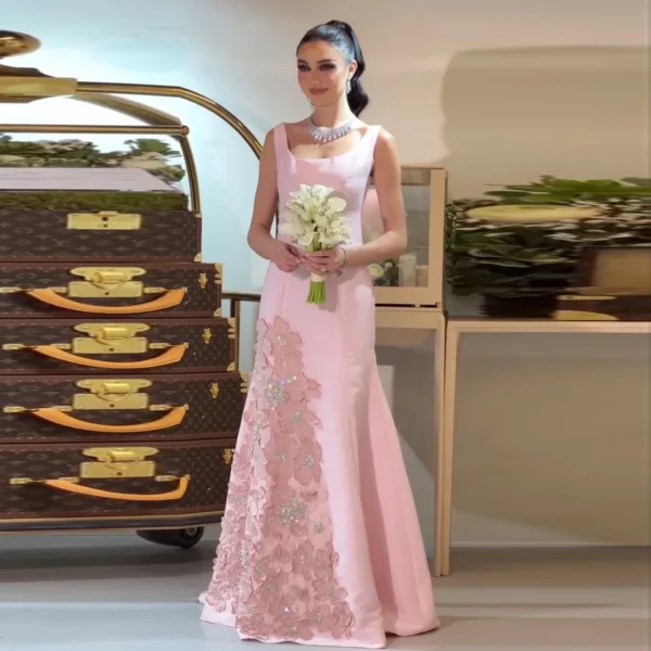 Pink Floral Dress: Elegant Square Neck Dubai Evening Gown
