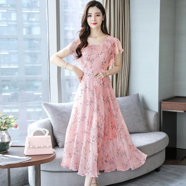 Floral Chiffon Midi Dress Summer Print Vintage Bodycon Sundress - Image 4