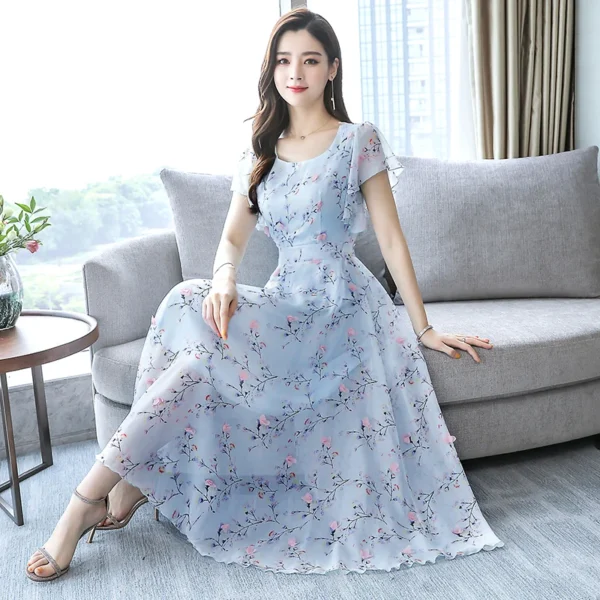 Floral Chiffon Midi Dress Summer Print Vintage Bodycon Sundress - Image 5
