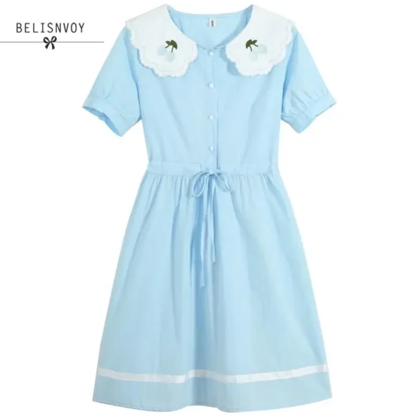 Mori Girl Cotton Linen Floral Embroidery Dress For Women Summer School - Image 5