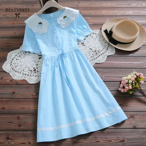 Mori Girl Cotton Linen Floral Embroidery Dress For Women Summer School - Image 3