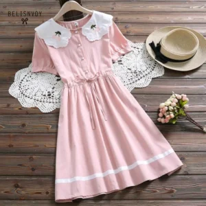 Mori Girl Cotton Linen Floral Embroidery Dress For Women Summer School