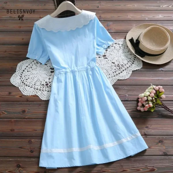 Mori Girl Cotton Linen Floral Embroidery Dress For Women Summer School - Image 4