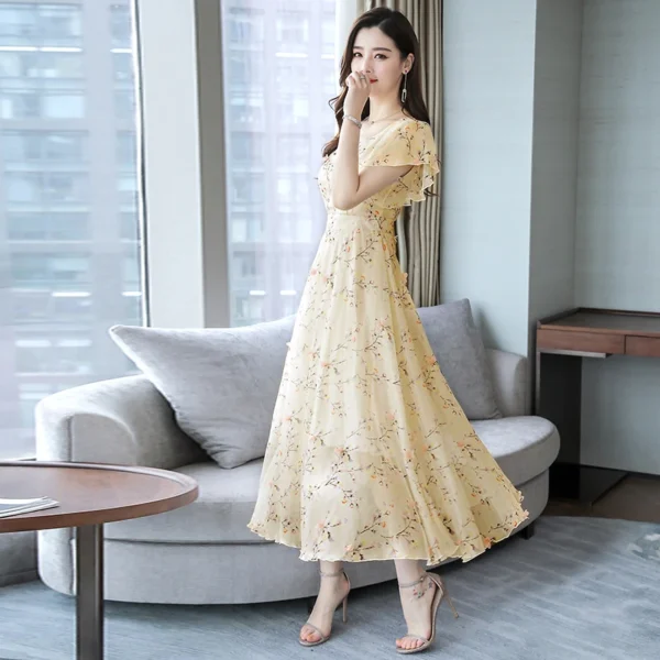 Floral Chiffon Midi Dress Summer Print Vintage Bodycon Sundress - Image 3