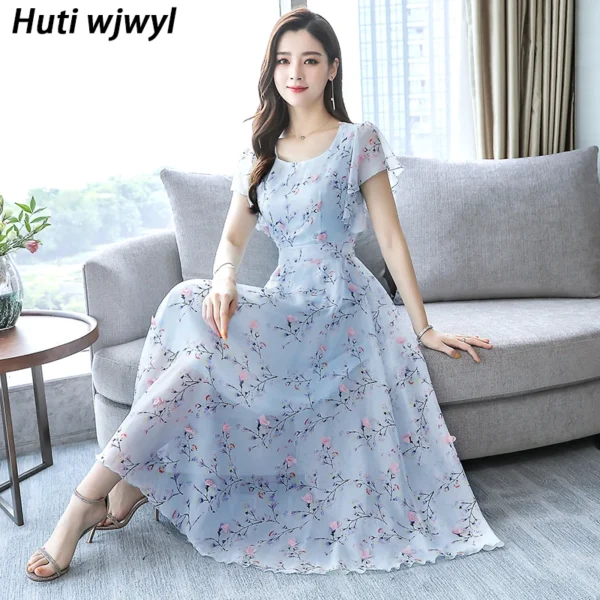 Floral Chiffon Midi Dress Summer Print Vintage Bodycon Sundress - Image 2