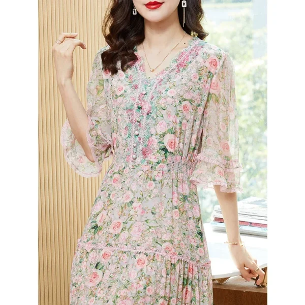 Office Lady Pink Summer Floral Slim Silk Dress For Women Elegant