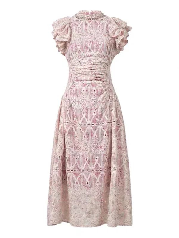 Elegant Pink Hollow Floral Ruffle Pleated Ceremonial Dress For Party Date - Image 3