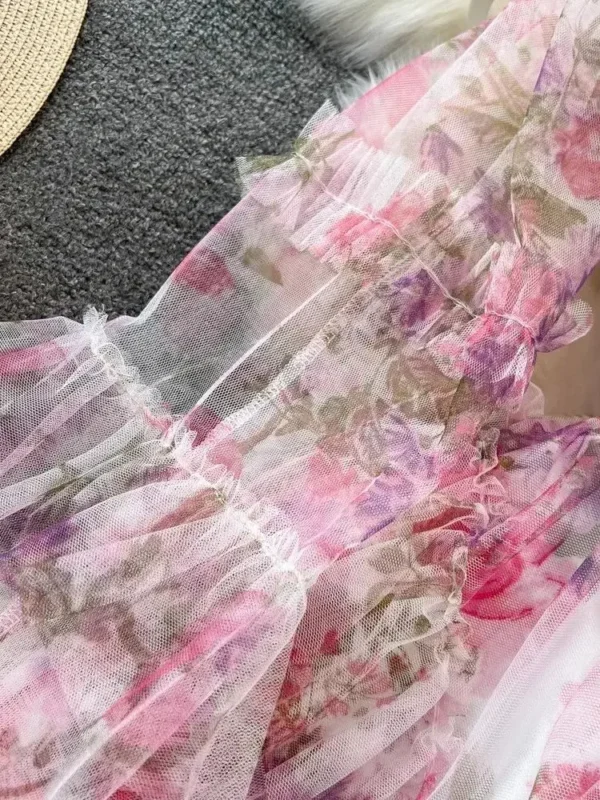 Fashion Gorgeous Pink Floral Print Ruffle Dress With Butterfly Sleeves - Image 5