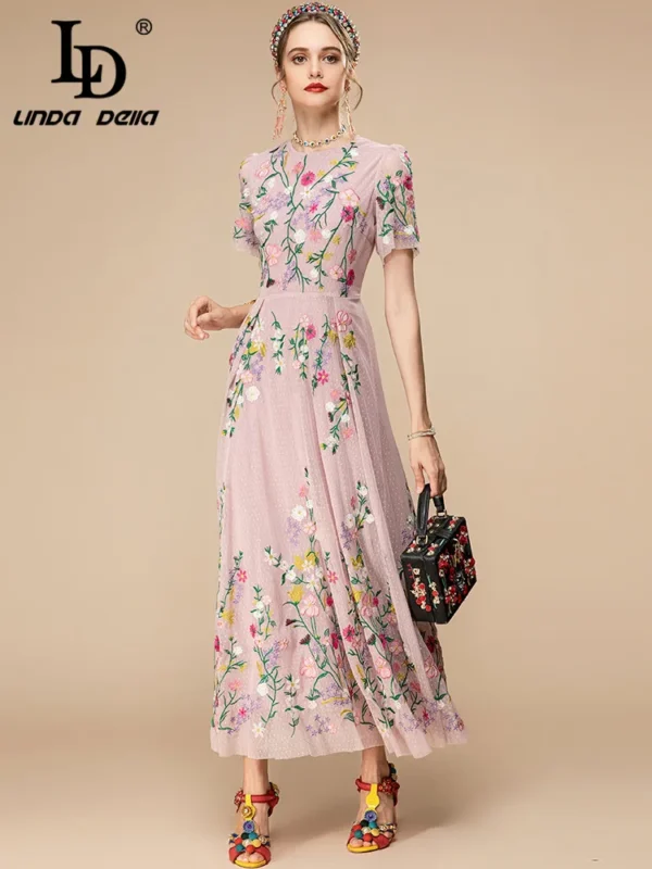 Pink Floral Dress Vintage Embroidery Mesh Party Long Dress Summer 2023 - Image 5