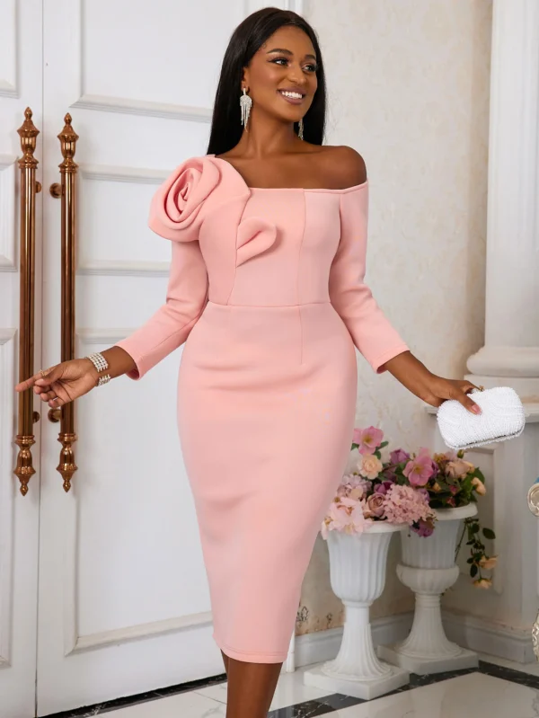Pink Floral Dress Cold Shoulder Flower Appliques Bodycon Midi Gown - Image 2