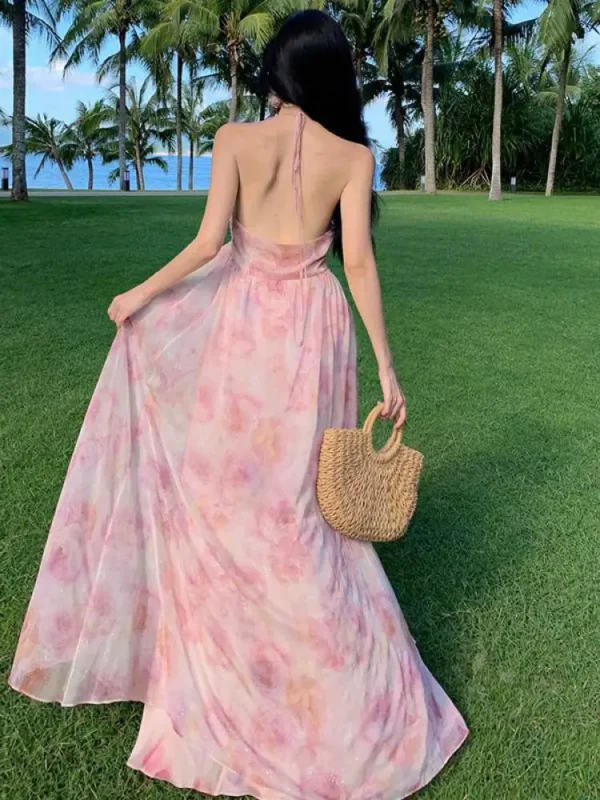 Pink Floral Halter Off Shoulder High Split Fairy Long Party Dress - Image 2